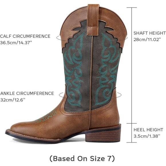 SheSole Western Boots Women's Brown Tan Faux Leather Square Toe Wide Mid Calf - Picture 2 of 9